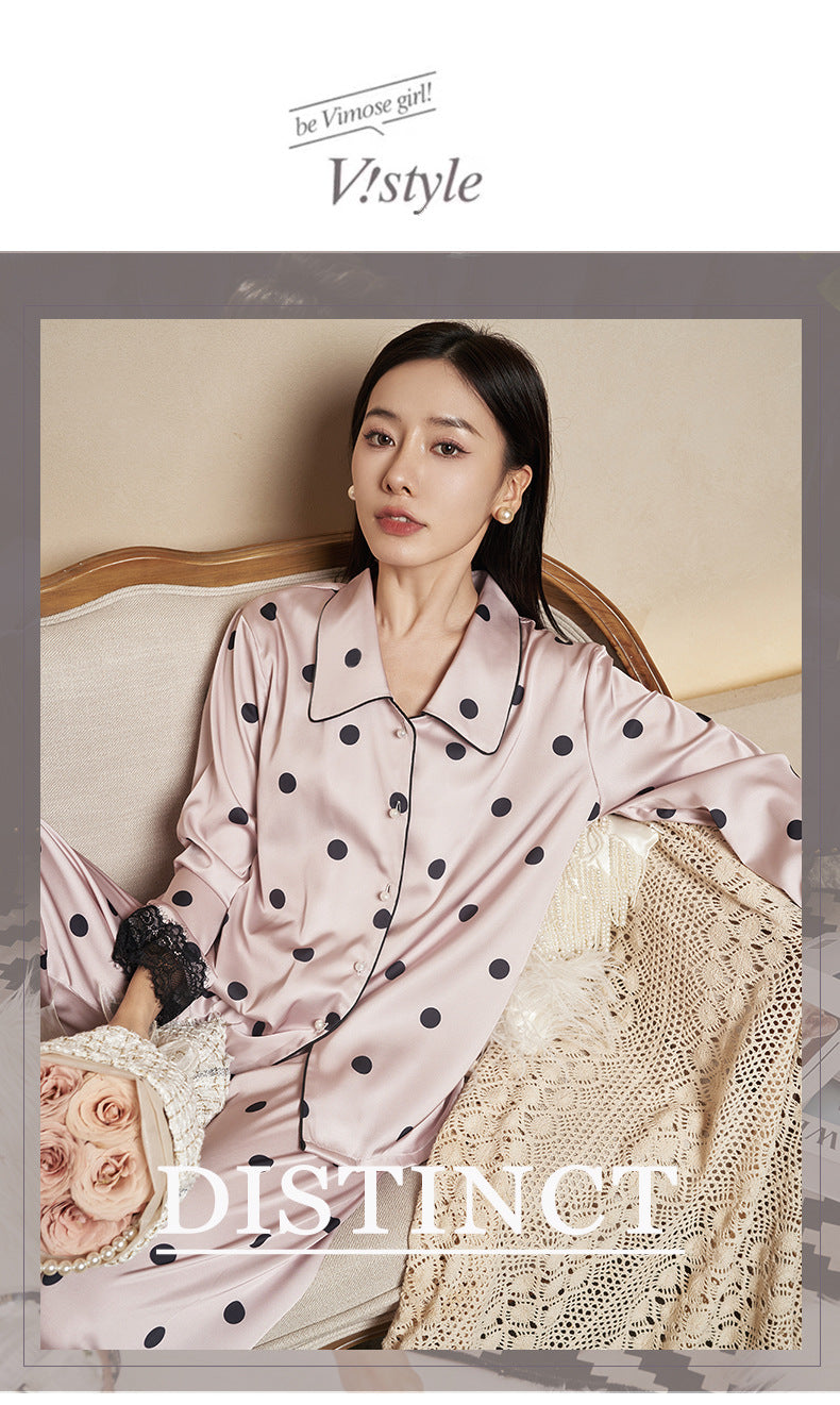 Women's Pajamas Autumn New Faux Silk Black Pink Polka Dot Thin Wearable Homewear French Long Sleeve Set