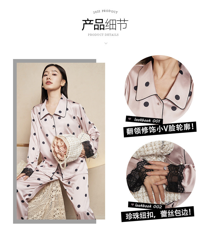 Women's Pajamas Autumn New Faux Silk Black Pink Polka Dot Thin Wearable Homewear French Long Sleeve Set