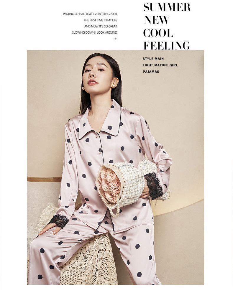 Women's Pajamas Autumn New Faux Silk Black Pink Polka Dot Thin Wearable Homewear French Long Sleeve Set