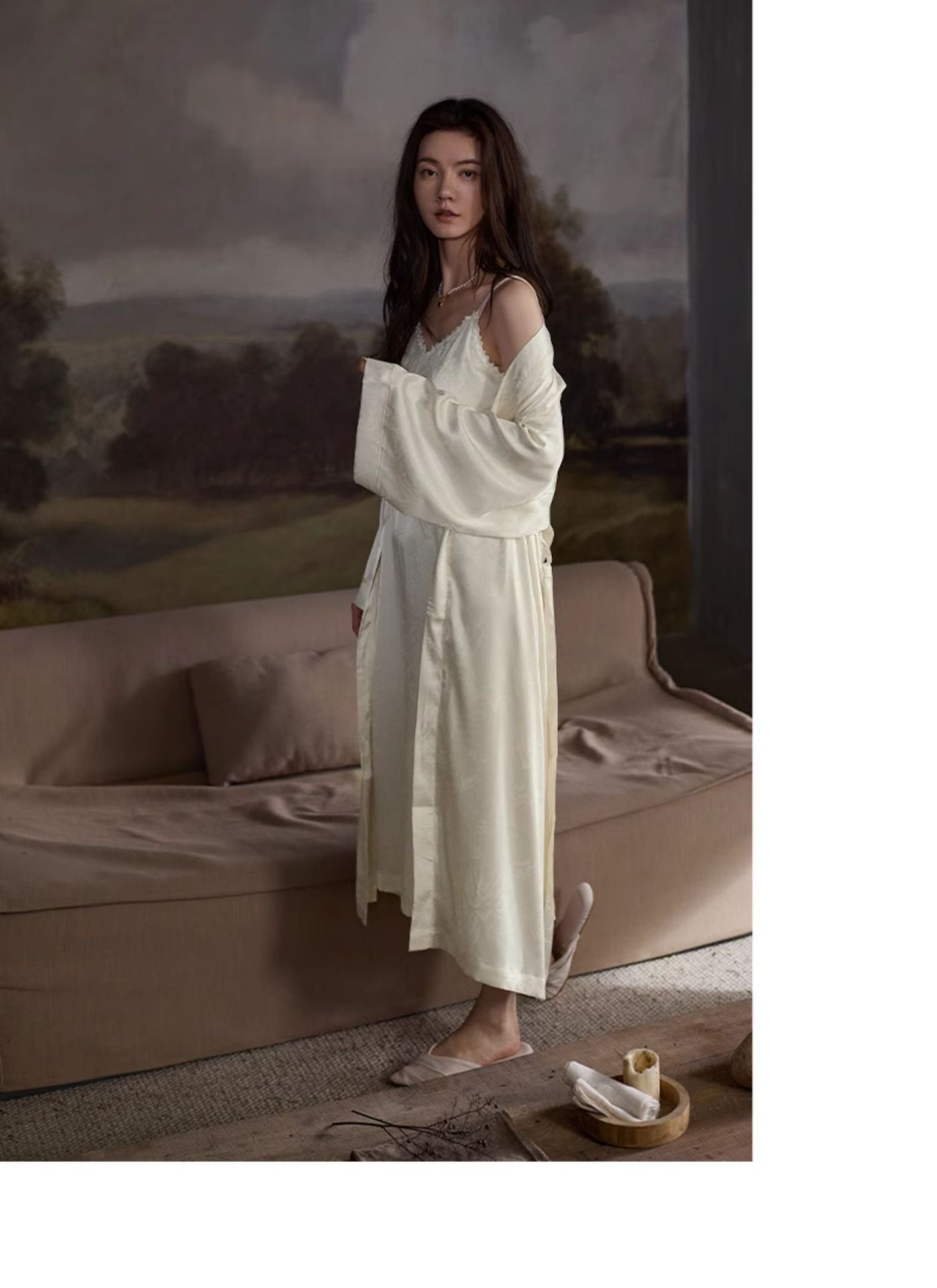 Tongyu Morning Robe for Women, Spring and Autumn Ice Silk Long Sleeve Nightgown, Mid-Length Winter Bathrobe, Two-Piece Pajama Set with Camisole Dress