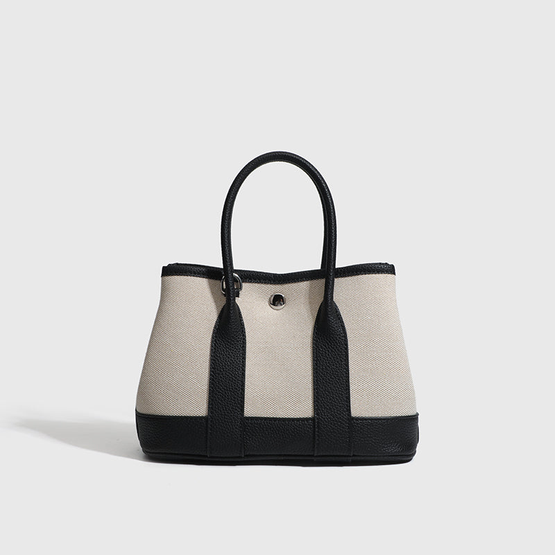 Canvas with Cowhide Garden Bag Large Capacity Genuine Leather Contrast Color Handbag for Women2025New Single Shoulder Crossbody Tote Bag