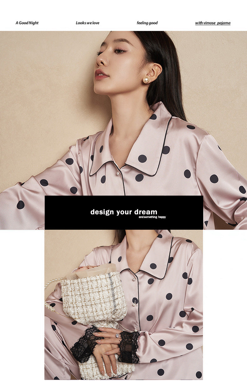 Women's Pajamas Autumn New Faux Silk Black Pink Polka Dot Thin Wearable Homewear French Long Sleeve Set