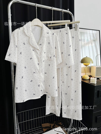 Spring and Summer New Cotton Lace Bow Three-piece Set Ice Silk Pajamas for Women Lapel Simple Comfortable Women's Loungewear