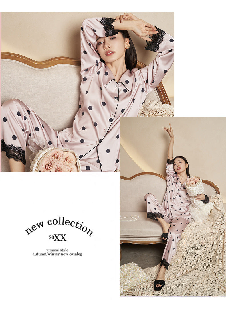 Women's Pajamas Autumn New Faux Silk Black Pink Polka Dot Thin Wearable Homewear French Long Sleeve Set