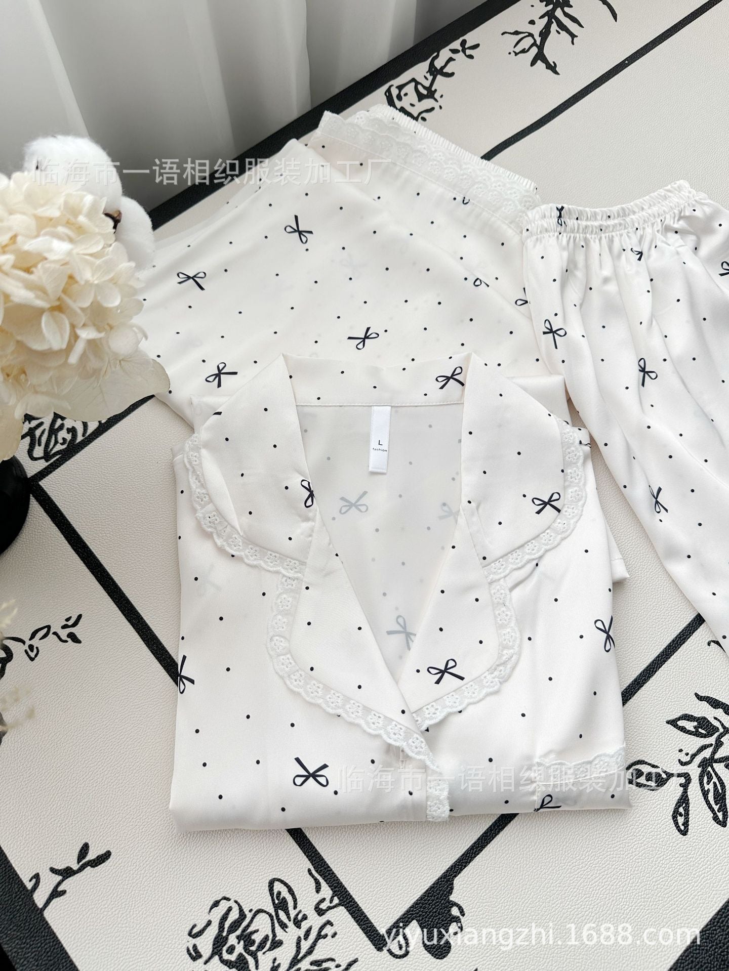 Spring and Summer New Cotton Lace Bow Three-piece Set Ice Silk Pajamas for Women Lapel Simple Comfortable Women's Loungewear