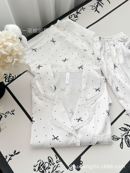 Spring and Summer New Cotton Lace Bow Three-piece Set Ice Silk Pajamas for Women Lapel Simple Comfortable Women's Loungewear