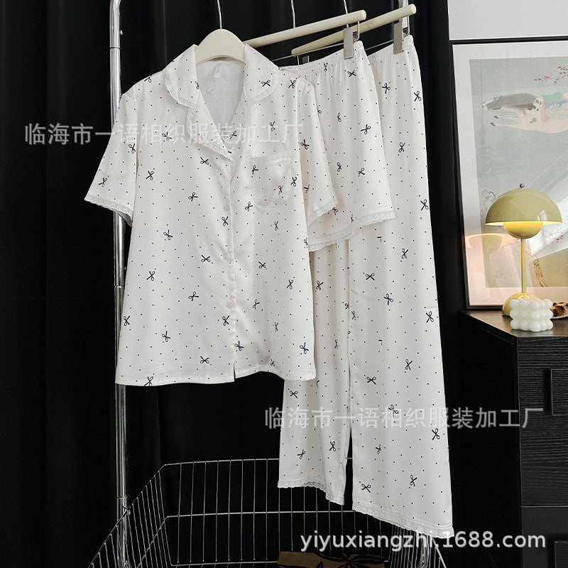 Spring and Summer New Cotton Lace Bow Three-piece Set Ice Silk Pajamas for Women Lapel Simple Comfortable Women's Loungewear