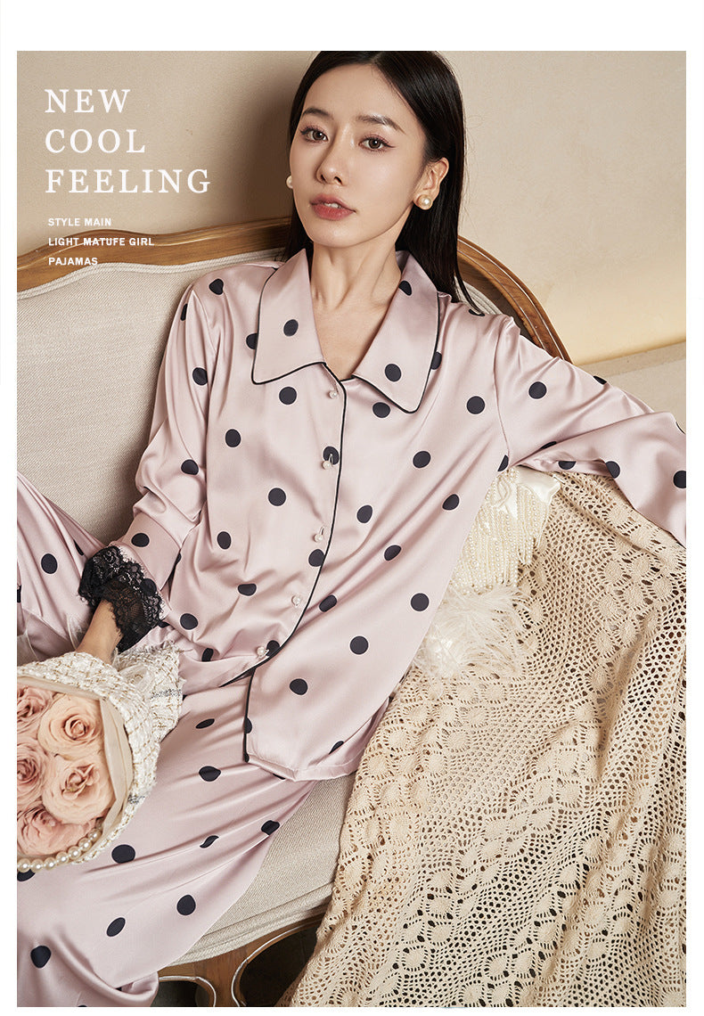 Women's Pajamas Autumn New Faux Silk Black Pink Polka Dot Thin Wearable Homewear French Long Sleeve Set