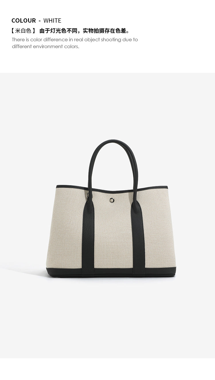 Canvas with Cowhide Garden Bag Large Capacity Genuine Leather Contrast Color Handbag for Women2025New Single Shoulder Crossbody Tote Bag
