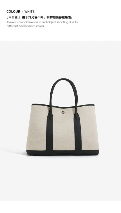 Canvas with Cowhide Garden Bag Large Capacity Genuine Leather Contrast Color Handbag for Women2025New Single Shoulder Crossbody Tote Bag