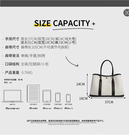 Canvas with Cowhide Garden Bag Large Capacity Genuine Leather Contrast Color Handbag for Women2025New Single Shoulder Crossbody Tote Bag