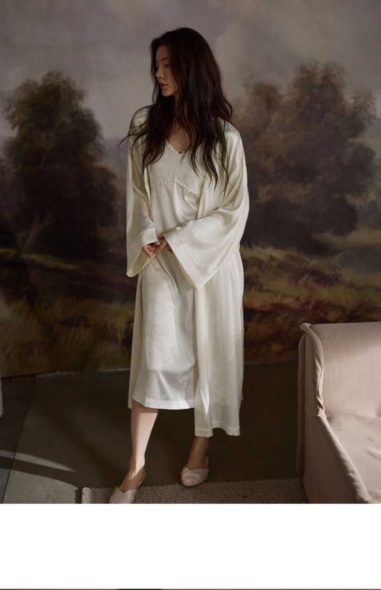 Tongyu Morning Robe for Women, Spring and Autumn Ice Silk Long Sleeve Nightgown, Mid-Length Winter Bathrobe, Two-Piece Pajama Set with Camisole Dress