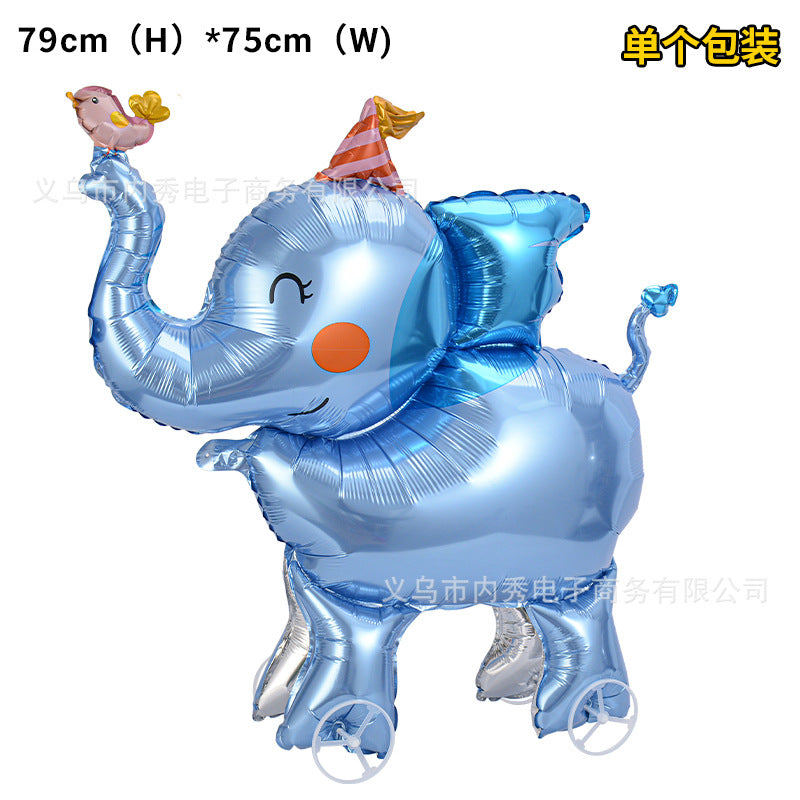 4D Large Wheel Animal Aluminum Foil Balloon 3D Elephant Creative Rolling Balloon Street Stall Toy Party Decoration