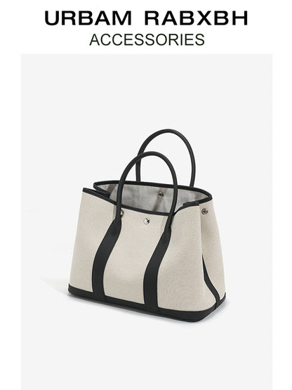Canvas with Cowhide Garden Bag Large Capacity Genuine Leather Contrast Color Handbag for Women2025New Single Shoulder Crossbody Tote Bag