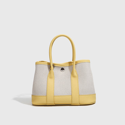 Canvas with Cowhide Garden Bag Large Capacity Genuine Leather Contrast Color Handbag for Women2025New Single Shoulder Crossbody Tote Bag