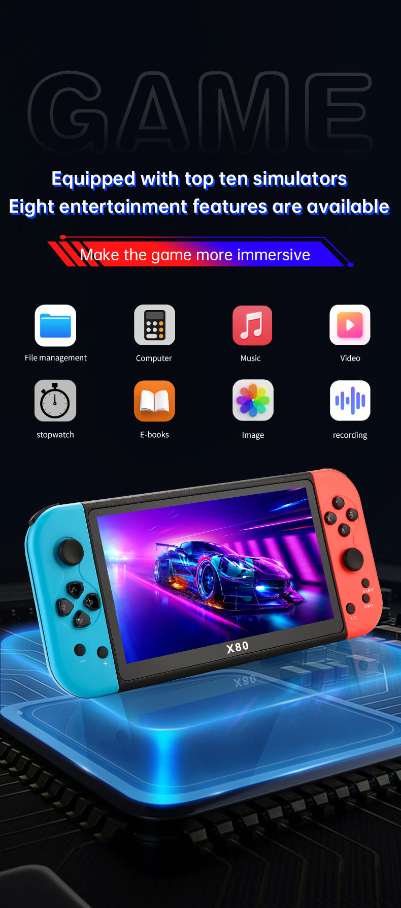 New X80Game Console7Inch PSP Handheld Console High Definition Large Screen with Card Slot GBA Classic Arcade Convenient Handheld Console