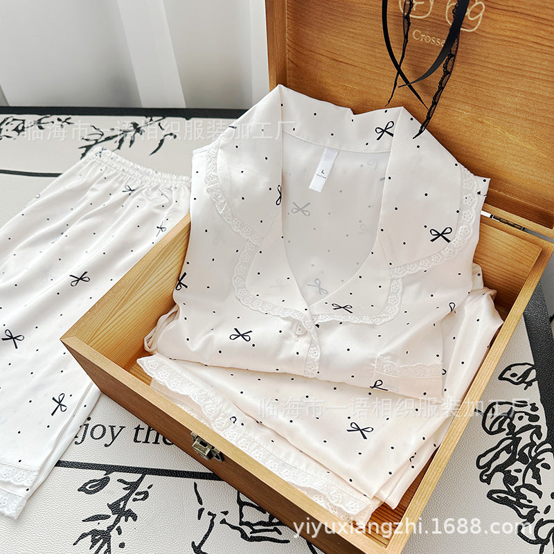 Spring and Summer New Cotton Lace Bow Three-piece Set Ice Silk Pajamas for Women Lapel Simple Comfortable Women's Loungewear