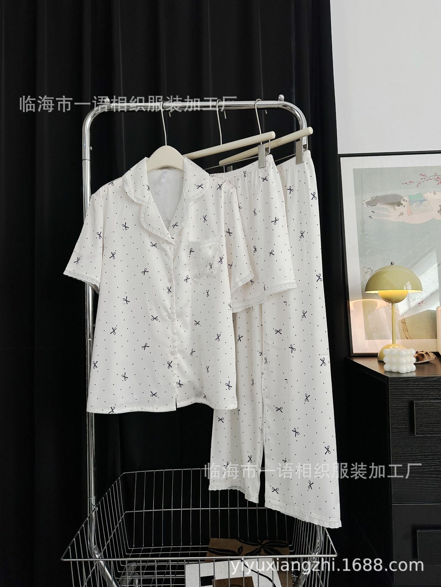 Spring and Summer New Cotton Lace Bow Three-piece Set Ice Silk Pajamas for Women Lapel Simple Comfortable Women's Loungewear