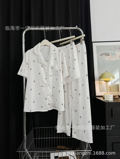 Spring and Summer New Cotton Lace Bow Three-piece Set Ice Silk Pajamas for Women Lapel Simple Comfortable Women's Loungewear