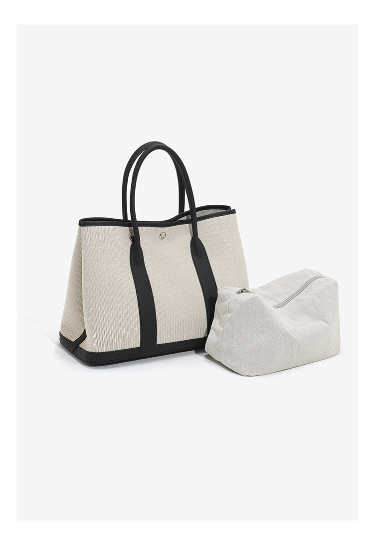 Canvas with Cowhide Garden Bag Large Capacity Genuine Leather Contrast Color Handbag for Women2025New Single Shoulder Crossbody Tote Bag