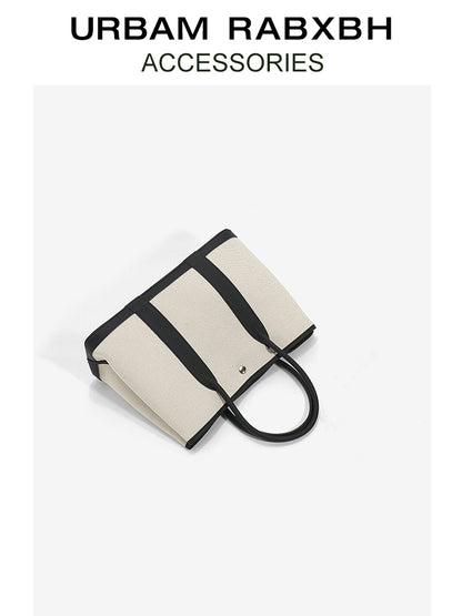 Canvas with Cowhide Garden Bag Large Capacity Genuine Leather Contrast Color Handbag for Women2025New Single Shoulder Crossbody Tote Bag