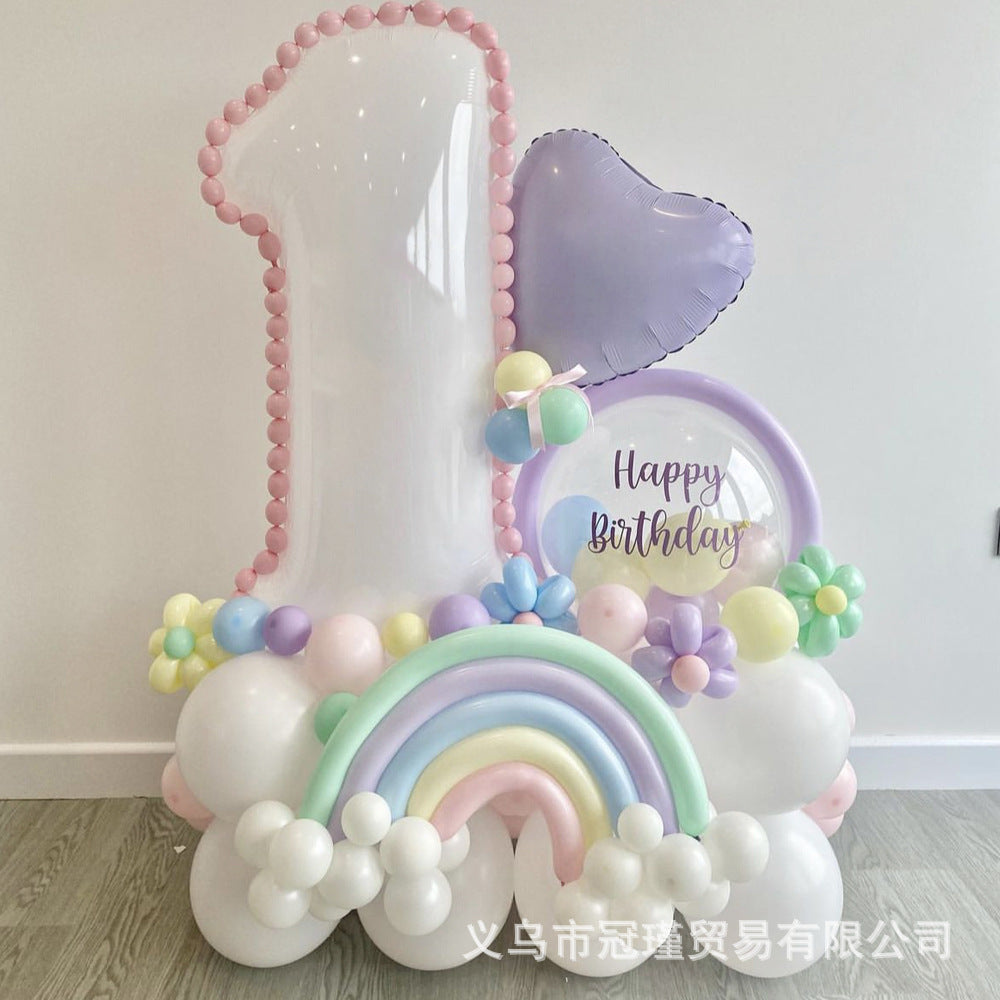 Maca Series321-inch White Birthday Number Aluminum Foil Balloon Set Latex Long Strip Rainbow Shape Girl Gift