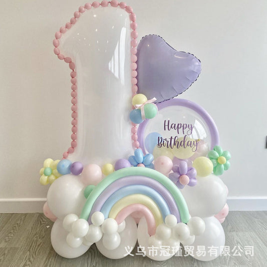 Maca Series321-inch White Birthday Number Aluminum Foil Balloon Set Latex Long Strip Rainbow Shape Girl Gift