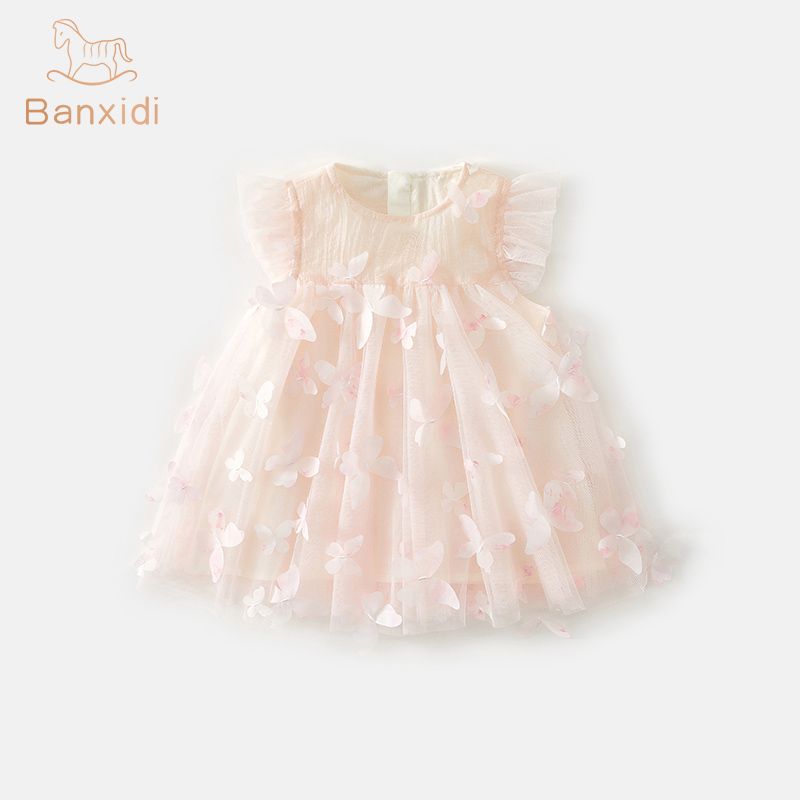 Banxidi Girls' Dress Summer New Fashionable Baby Princess Dress First Birthday Dress Children's Mesh Dress Children's Clothing