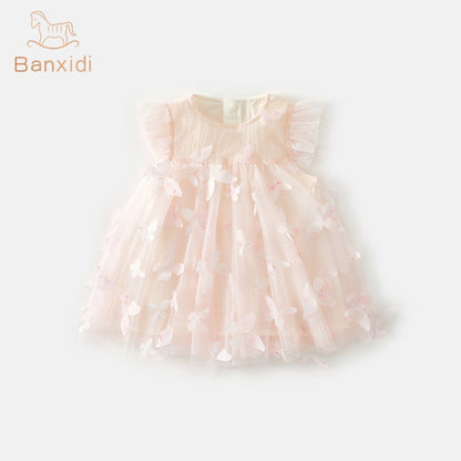 Banxidi Girls' Dress Summer New Fashionable Baby Princess Dress First Birthday Dress Children's Mesh Dress Children's Clothing