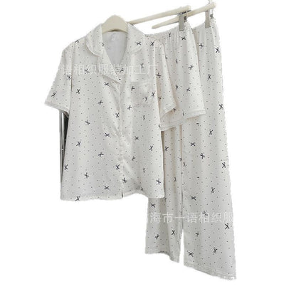 Spring and Summer New Cotton Lace Bow Three-piece Set Ice Silk Pajamas for Women Lapel Simple Comfortable Women's Loungewear
