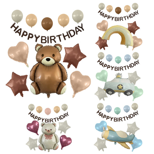Matte Birthday Balloon Set with Banner Decoration Party Setup Baby Shower Bear Airplane Rainbow Matte Balloons