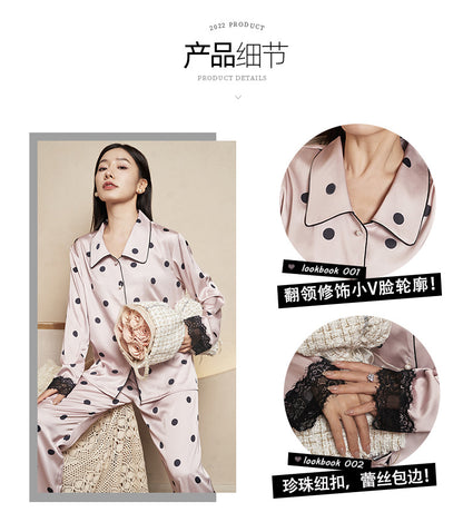Women's Pajamas Autumn New Faux Silk Black Pink Polka Dot Thin Wearable Homewear French Long Sleeve Set