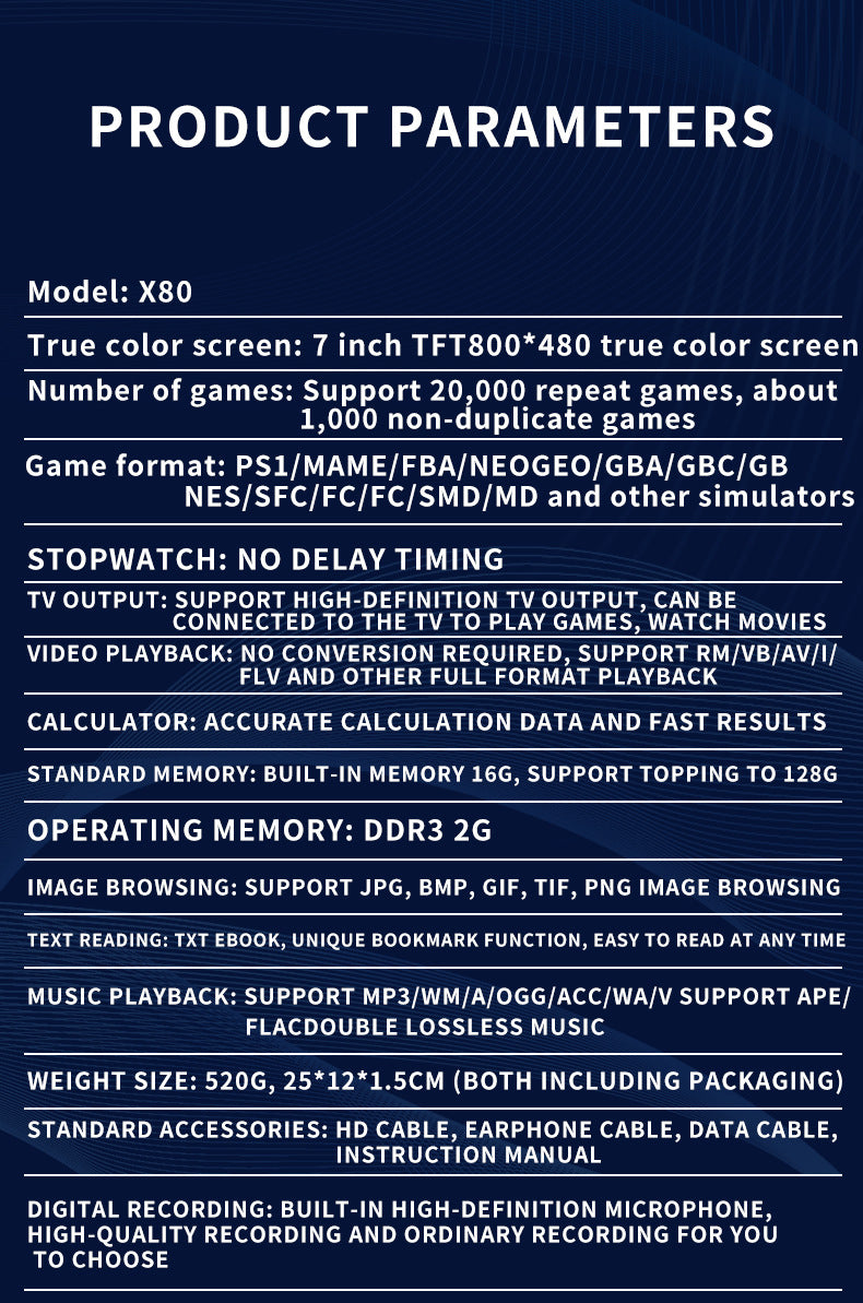 New X80Game Console7Inch PSP Handheld Console High Definition Large Screen with Card Slot GBA Classic Arcade Convenient Handheld Console