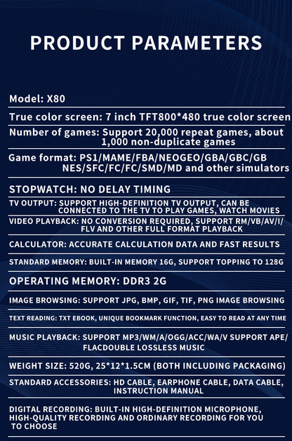 New X80Game Console7Inch PSP Handheld Console High Definition Large Screen with Card Slot GBA Classic Arcade Convenient Handheld Console
