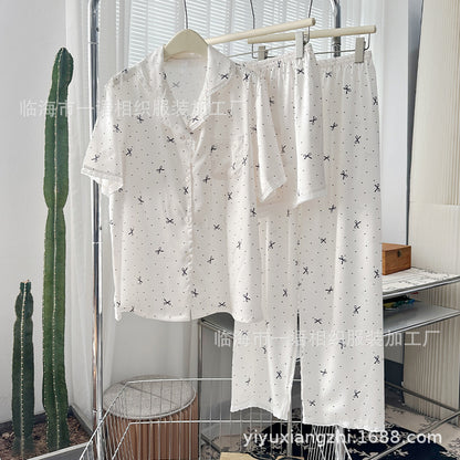 Spring and Summer New Cotton Lace Bow Three-piece Set Ice Silk Pajamas for Women Lapel Simple Comfortable Women's Loungewear