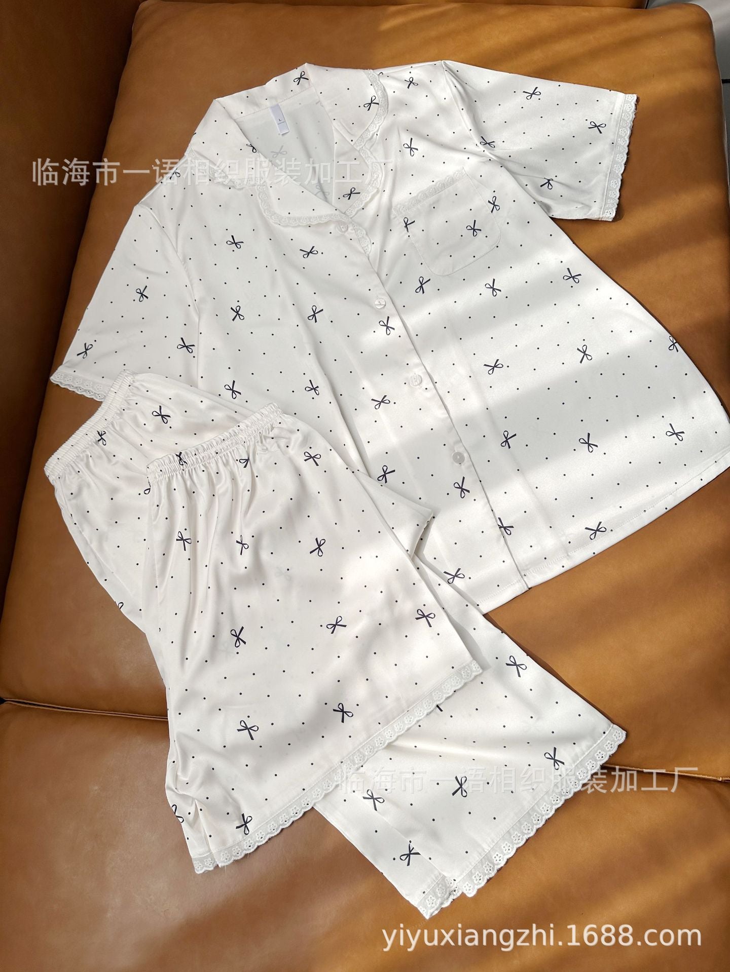 Spring and Summer New Cotton Lace Bow Three-piece Set Ice Silk Pajamas for Women Lapel Simple Comfortable Women's Loungewear