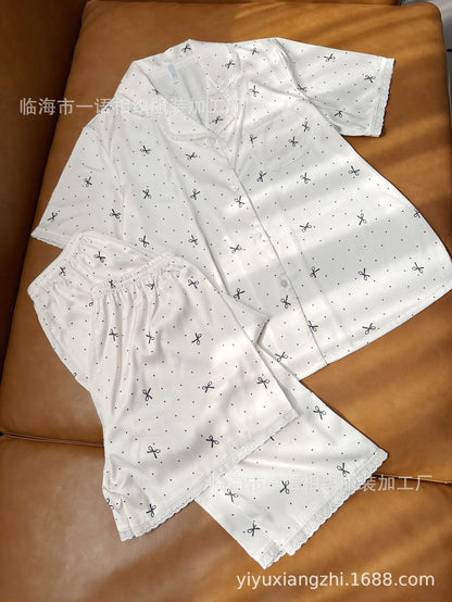 Spring and Summer New Cotton Lace Bow Three-piece Set Ice Silk Pajamas for Women Lapel Simple Comfortable Women's Loungewear