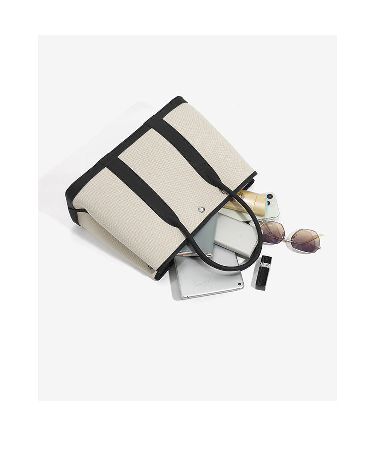 Canvas with Cowhide Garden Bag Large Capacity Genuine Leather Contrast Color Handbag for Women2025New Single Shoulder Crossbody Tote Bag