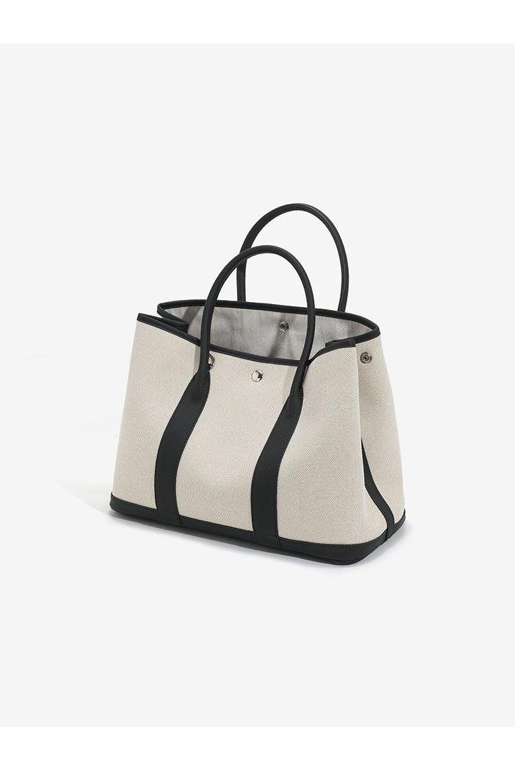 Canvas with Cowhide Garden Bag Large Capacity Genuine Leather Contrast Color Handbag for Women2025New Single Shoulder Crossbody Tote Bag