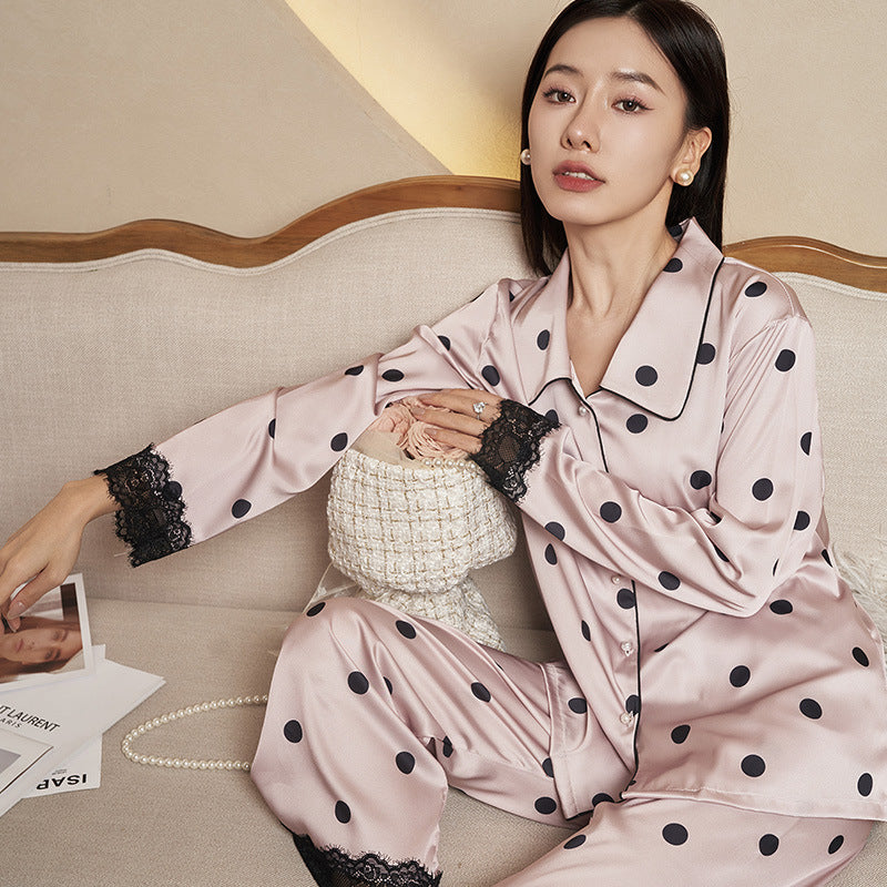 Women's Pajamas Autumn New Faux Silk Black Pink Polka Dot Thin Wearable Homewear French Long Sleeve Set