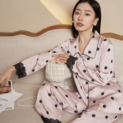 Women's Pajamas Autumn New Faux Silk Black Pink Polka Dot Thin Wearable Homewear French Long Sleeve Set