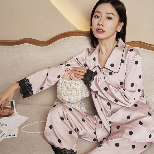 Women's Pajamas Autumn New Faux Silk Black Pink Polka Dot Thin Wearable Homewear French Long Sleeve Set