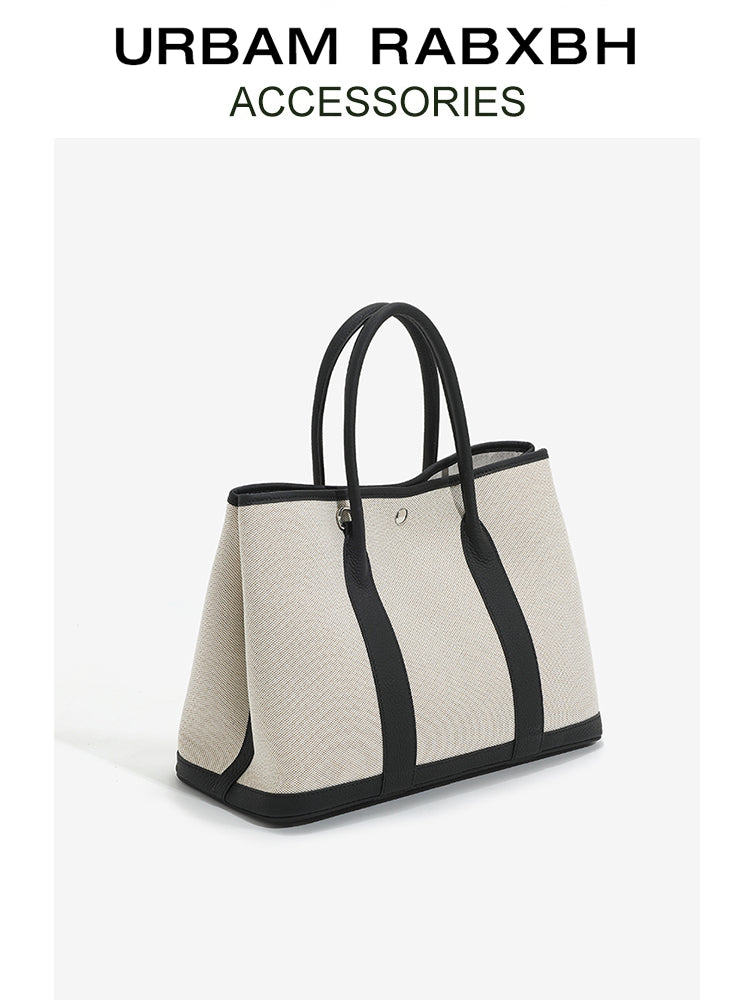 Canvas with Cowhide Garden Bag Large Capacity Genuine Leather Contrast Color Handbag for Women2025New Single Shoulder Crossbody Tote Bag