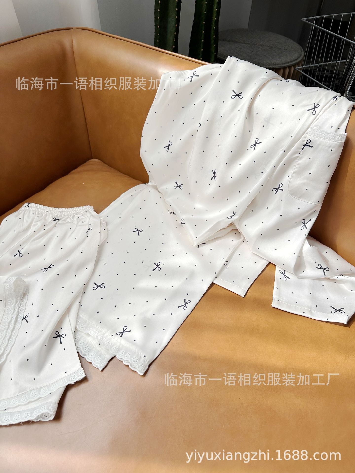 Spring and Summer New Cotton Lace Bow Three-piece Set Ice Silk Pajamas for Women Lapel Simple Comfortable Women's Loungewear
