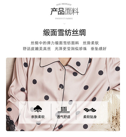Women's Pajamas Autumn New Faux Silk Black Pink Polka Dot Thin Wearable Homewear French Long Sleeve Set