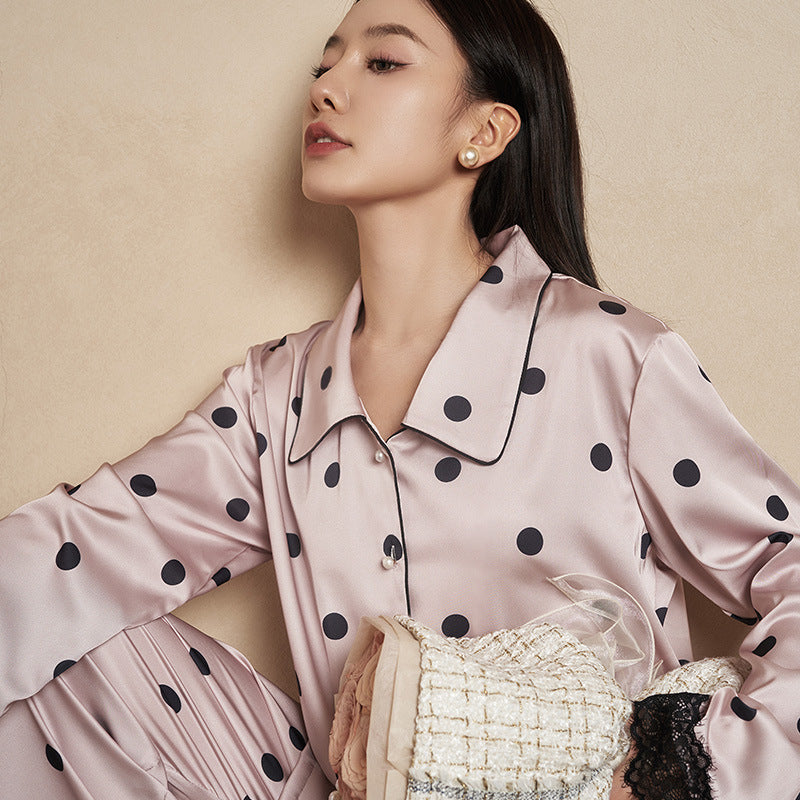 Women's Pajamas Autumn New Faux Silk Black Pink Polka Dot Thin Wearable Homewear French Long Sleeve Set