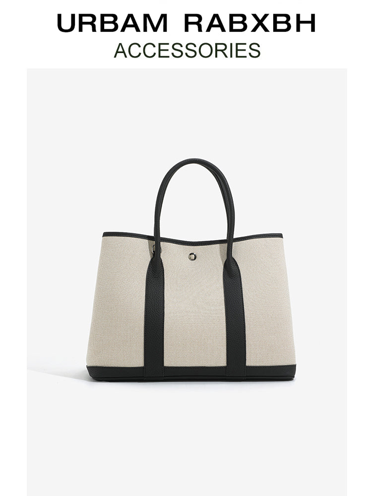 Canvas with Cowhide Garden Bag Large Capacity Genuine Leather Contrast Color Handbag for Women2025New Single Shoulder Crossbody Tote Bag