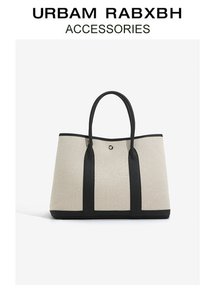 Canvas with Cowhide Garden Bag Large Capacity Genuine Leather Contrast Color Handbag for Women2025New Single Shoulder Crossbody Tote Bag