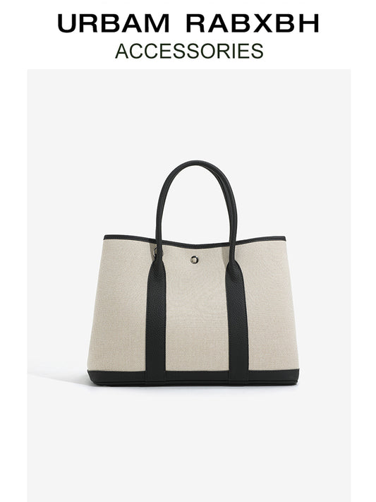 Canvas with Cowhide Garden Bag Large Capacity Genuine Leather Contrast Color Handbag for Women2025New Single Shoulder Crossbody Tote Bag