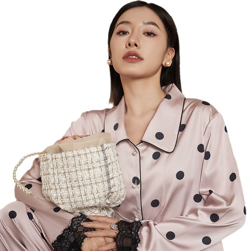 Women's Pajamas Autumn New Faux Silk Black Pink Polka Dot Thin Wearable Homewear French Long Sleeve Set